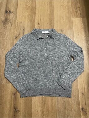 Zara Women's Grey Marled V-Neck Polo Sweater